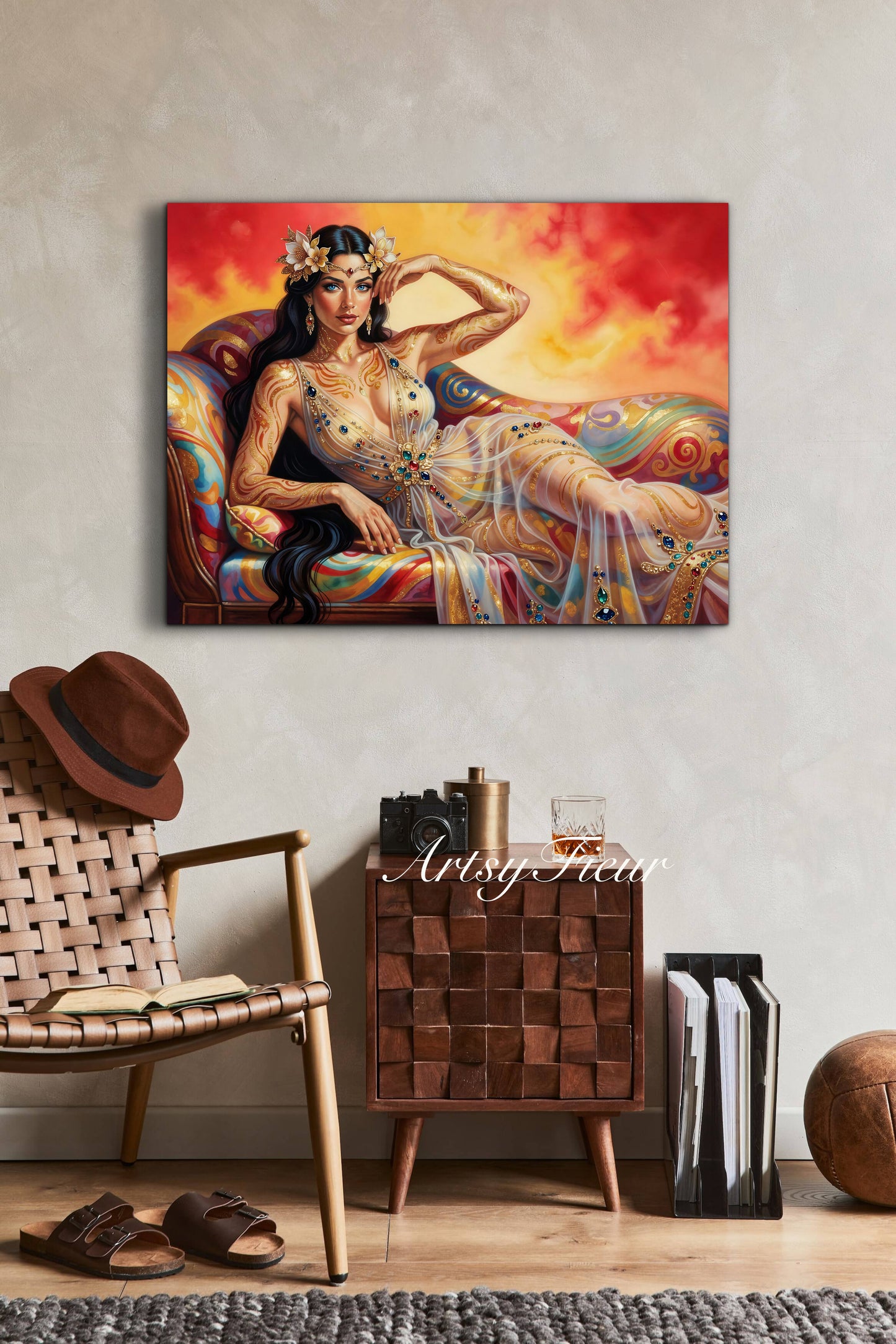 Framed canvas Beautiful Brunette on colourful sofa vibrant wall art abstract portrait, vibrant colours fantasy watercolour painting Ready to Hang Living Room Wall Art Print