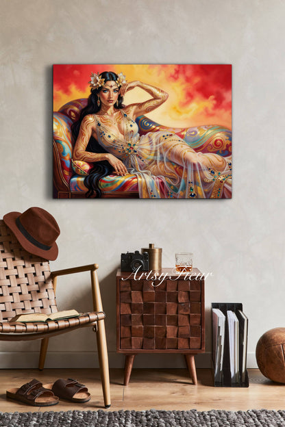Framed canvas Beautiful Brunette on colourful sofa vibrant wall art abstract portrait, vibrant colours fantasy watercolour painting Ready to Hang Living Room Wall Art Print