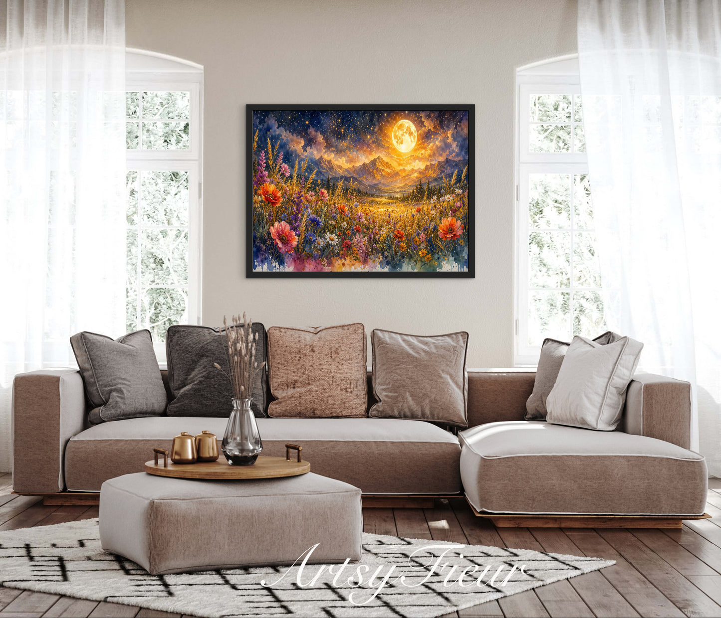Framed canvas- vibrant full moon starry night sky colourful wildflowers floral wall art living room