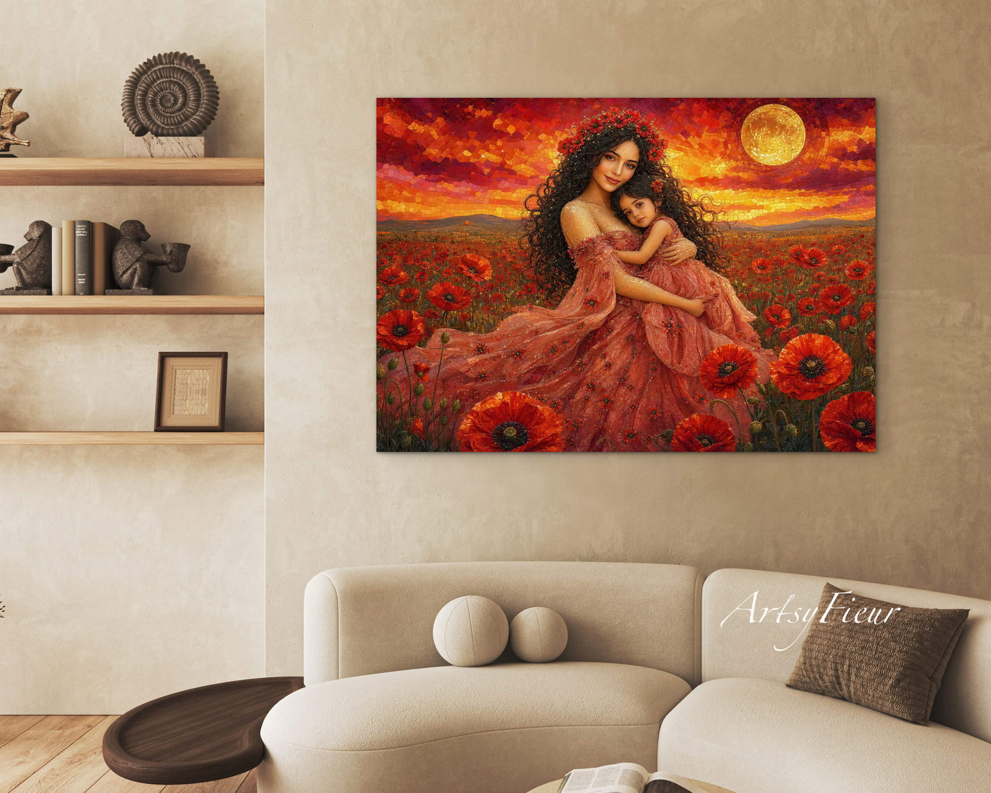 Framed Canvas- Vibrant Poppies Field Mother and Daughter Portrait Whimsical Full Moon Sunset Fantasy Oil Painting Wall Art Print