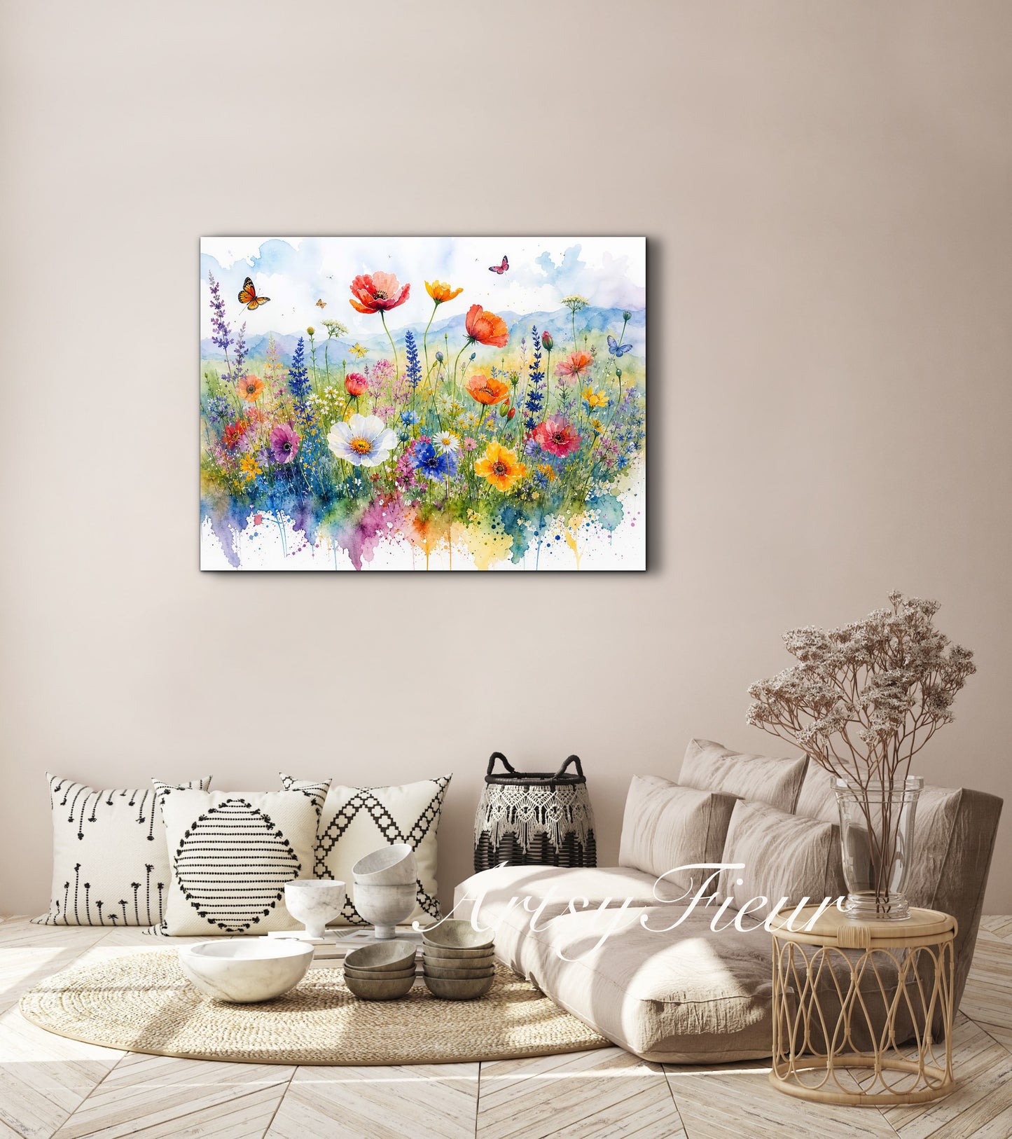 Framed canvas- ready to hang wall art print, beautiful vibrant colours watercolour fantasy painting wildflowers ,floral landscape, unique gift, one of a kind original artwork