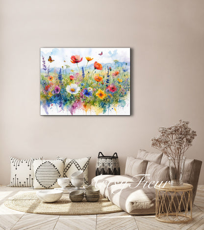 Framed canvas- ready to hang wall art print, beautiful vibrant colours watercolour fantasy painting wildflowers ,floral landscape, unique gift, one of a kind original artwork
