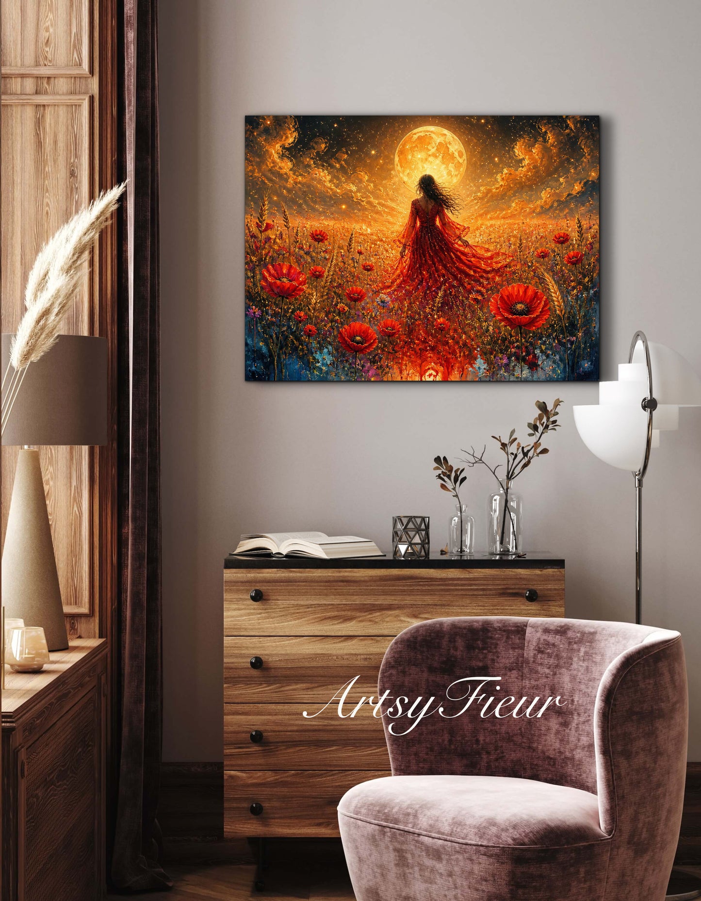 Framed Canvas - Vibrant poppies and wildflowers Whimsical Full Moon starry night sky Bride in Poppy Field, Wall Art Ready to hang original Artwork Print Red Dress
