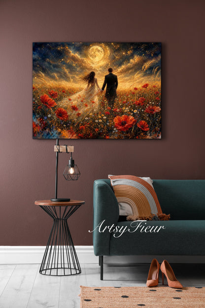 Framed canvas- whimsical full moon sunset -bride and groom, wedding gift, fantasy oil painting bedroom wall art print floral poppies field colourful vibrant colours