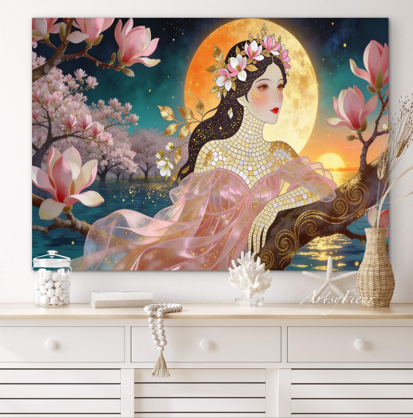 Framed Canvas- Vibrant Magnolia Flowers Beautiful Brunette Woman’s Abstract Portrait Mosaic Original Artwork Fantasy Wall Art Print