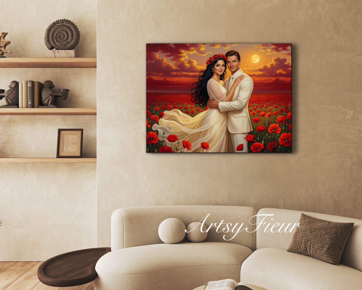 Framed canvas- whimsical full moon sunset bride and groom, wedding, poppy field, vibrant colours living room original artwork, fantasy oil painting wall art print