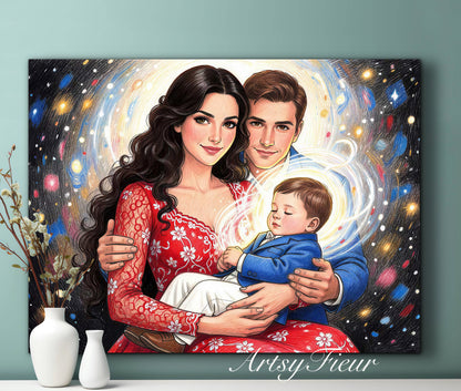 Framed Canvas- Vibrant Mother and Son Dad Family Portrait Fantasy Drawing Wall Art Print