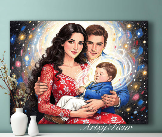 Framed Canvas- Vibrant Mother and Son Dad Family Portrait Fantasy Drawing Wall Art Print