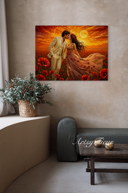 Framed canvas- whimsical full moon sunset bride and groom, wedding, poppy field, vibrant colours living room original artwork, fantasy oil painting wall art print