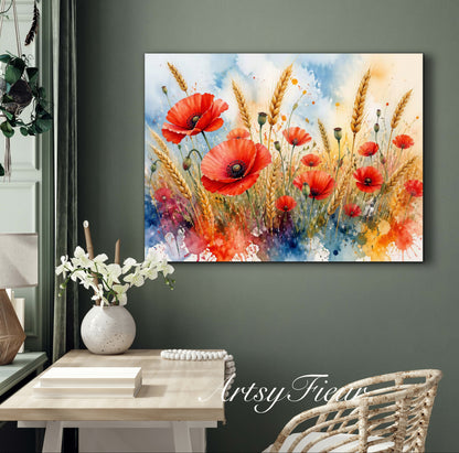 Framed Canvas Print- Vibrant Wildflowers and Poppies Oil Painting Textured Wall Art , Beautiful Original Artwork Ready to Hang Living Room, Floral