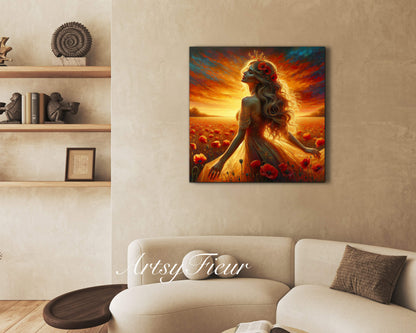 Framed canvas- Original Artwork Vibrant Poppies watercolour floral painting beautiful blondewoman ready to hang wall art print, abstract portrait colourful painting for living room