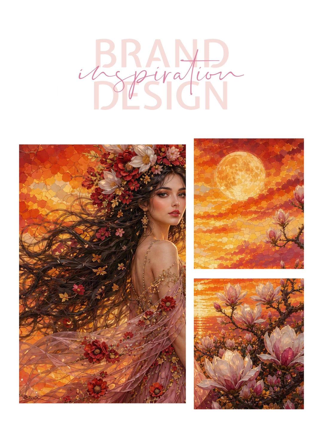 Framed Canvas- Vibrant Magnolia Flowers Beautiful Brunette Woman’s Abstract Portrait Mosaic Original Artwork Fantasy Wall Art Print