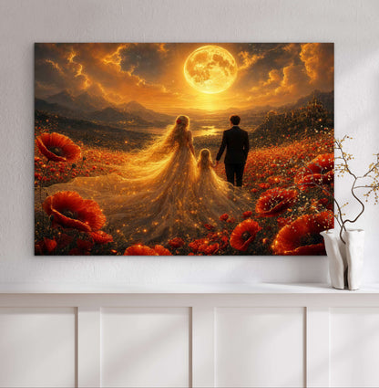 Framed Canvas Vibrant Poppies- Whimsical full moon fantasy oil painting Wedding celebration mother and daughter beautiful family portrait Original wall art print