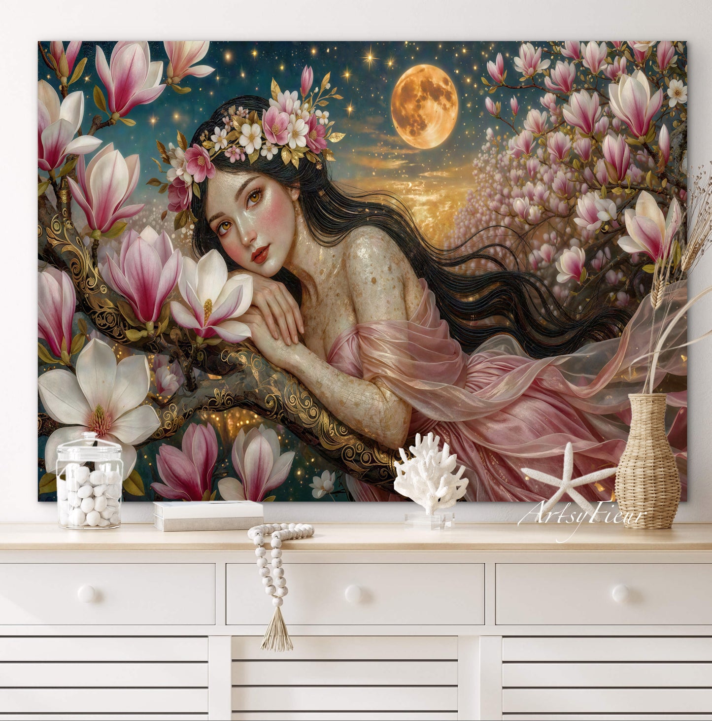 Framed Canvas- Vibrant Magnolia Flowers Beautiful Brunette Woman’s Abstract Portrait Mosaic Original Artwork Fantasy Wall Art Print