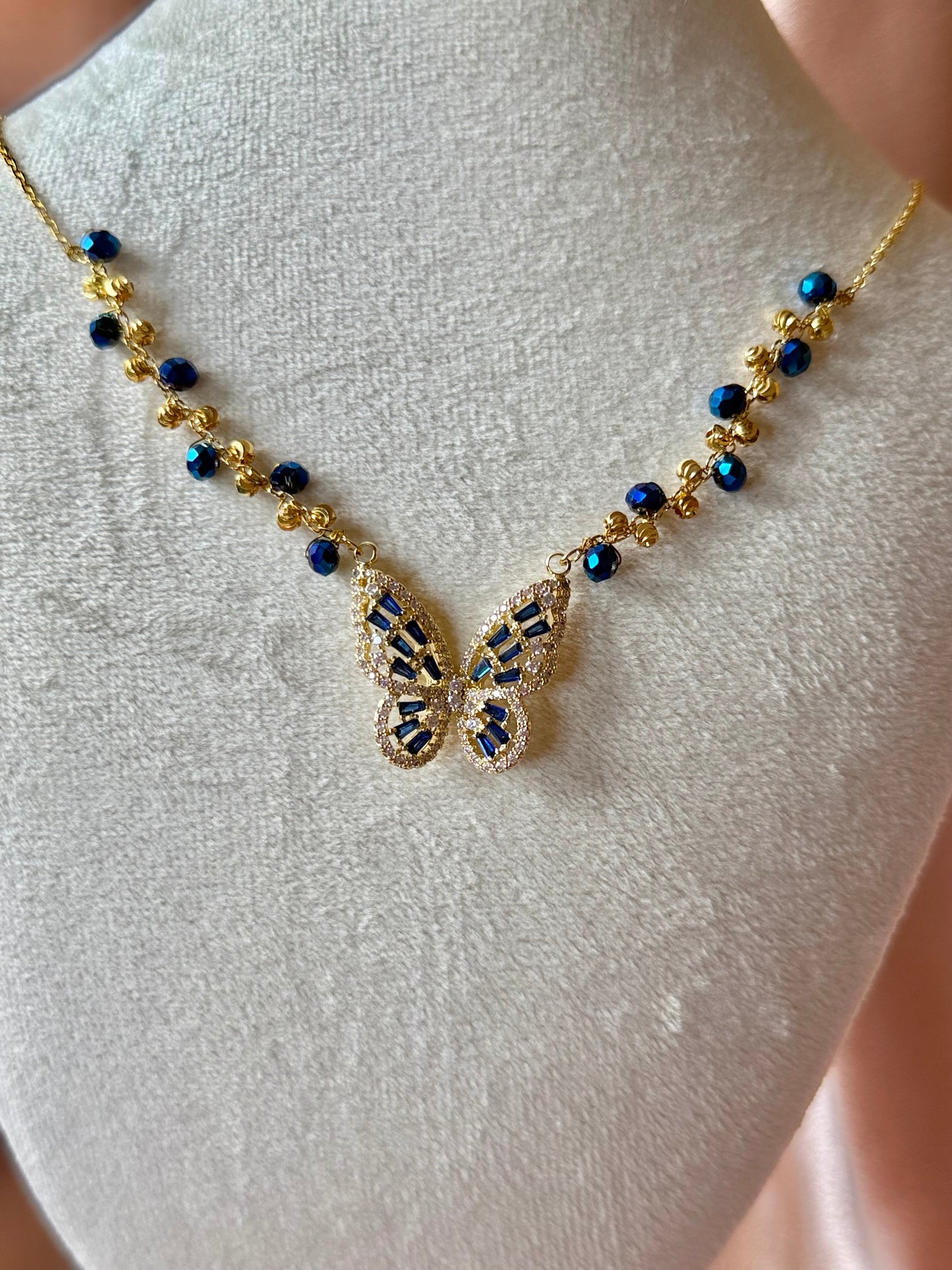Blue Butterfly Necklace Handmade Braided Beaded Necklace | Deep Blue Crystal |18k Gold Plated | Hypoallergenic