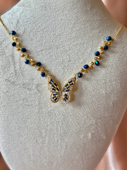 Blue Butterfly Necklace Handmade Braided Beaded Necklace | Deep Blue Crystal |18k Gold Plated | Hypoallergenic