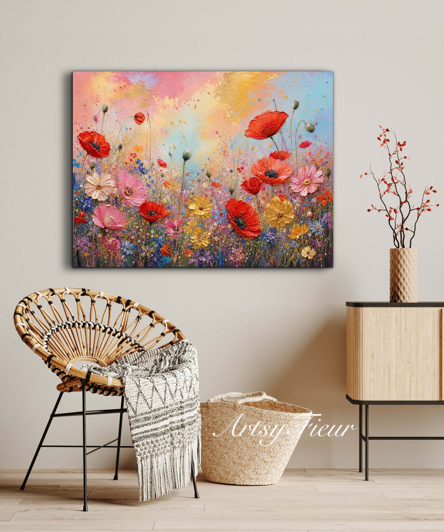 Framed canvas- ready to hand wall art print, beautiful vibrant colours watercolour fantasy painting wildflowers poppies floral landscape, unique gift, one of a kind original artwork