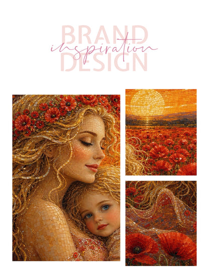 Framed Canvas- Vibrant Poppies Field Mother and Daughter Portrait Whimsical Full Moon Sunset Fantasy Oil Painting Wall Art Print