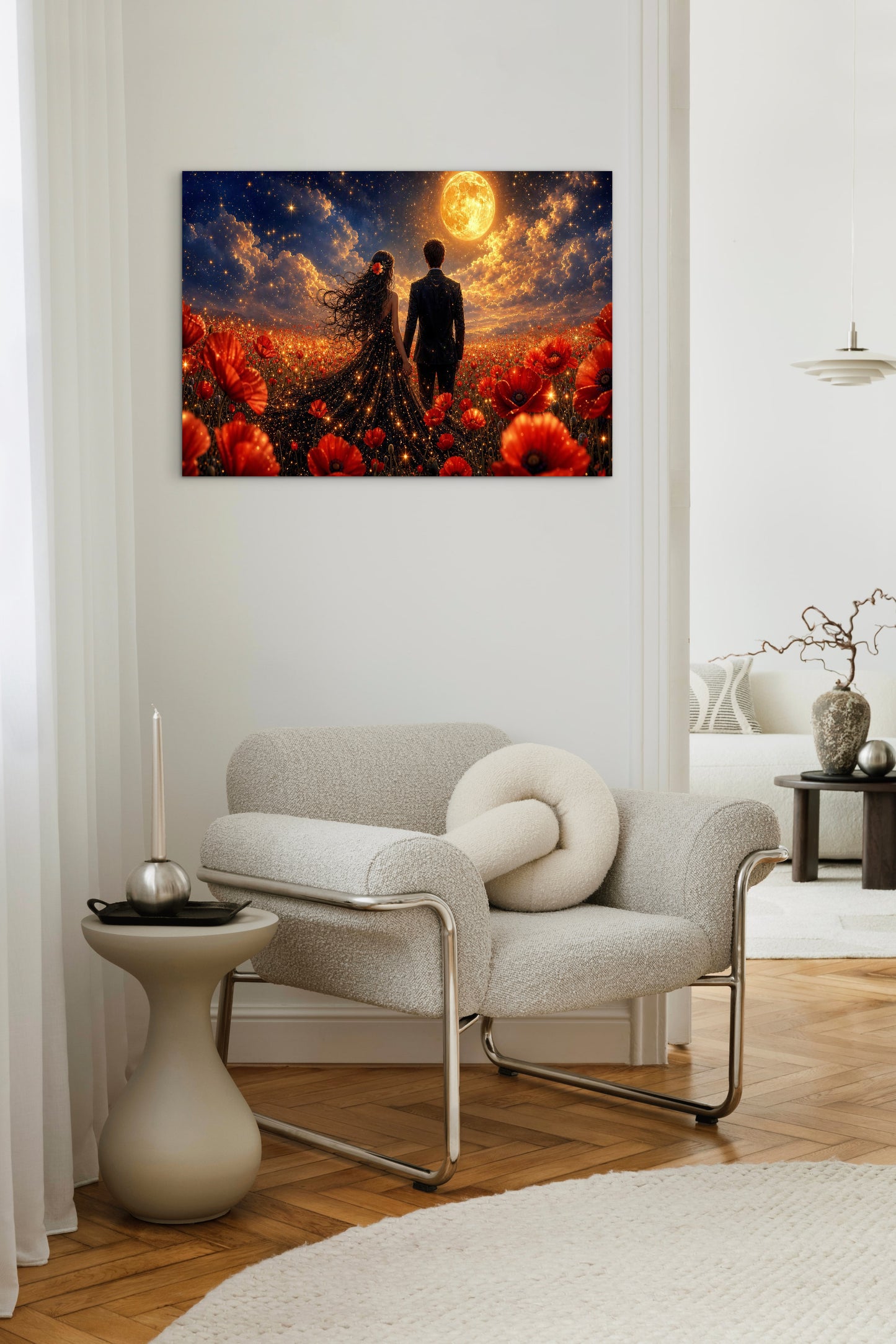 Framed canvas- whimsical full moon sunset bride and groom, black wedding dress poppy field, vibrant colours living room original artwork, fantasy oil painting wall art print
