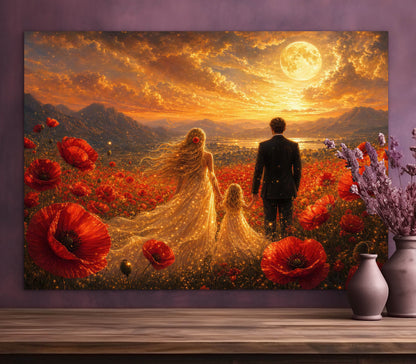 Framed Canvas Vibrant Poppies- Whimsical full moon fantasy oil painting Wedding celebration mother and daughter beautiful family portrait Original wall art print