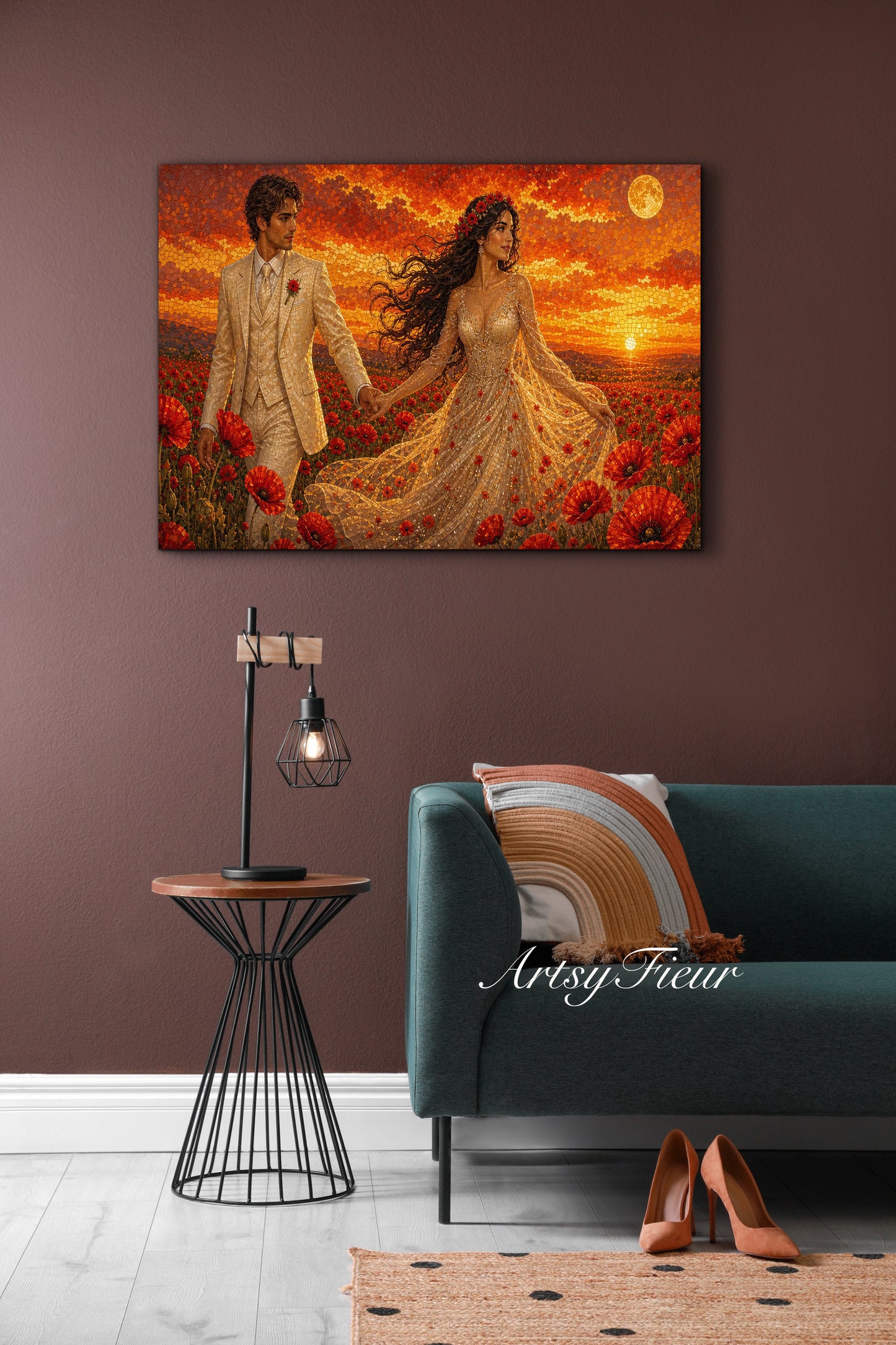 Framed canvas- whimsical full moon sunset -bride and groom, wedding, fantasy oil painting wall art print