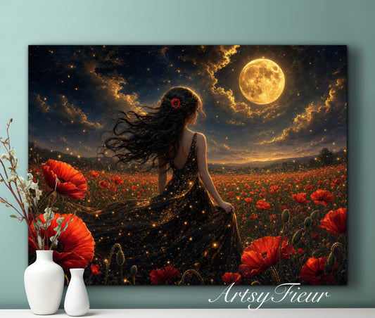 Framed Canvas - Vibrant Poppies Whimsical Full Moon Bride in Poppy Field, Wall Art Ready to hang Oil Painting Original Artwork Print Black Wedding Dress