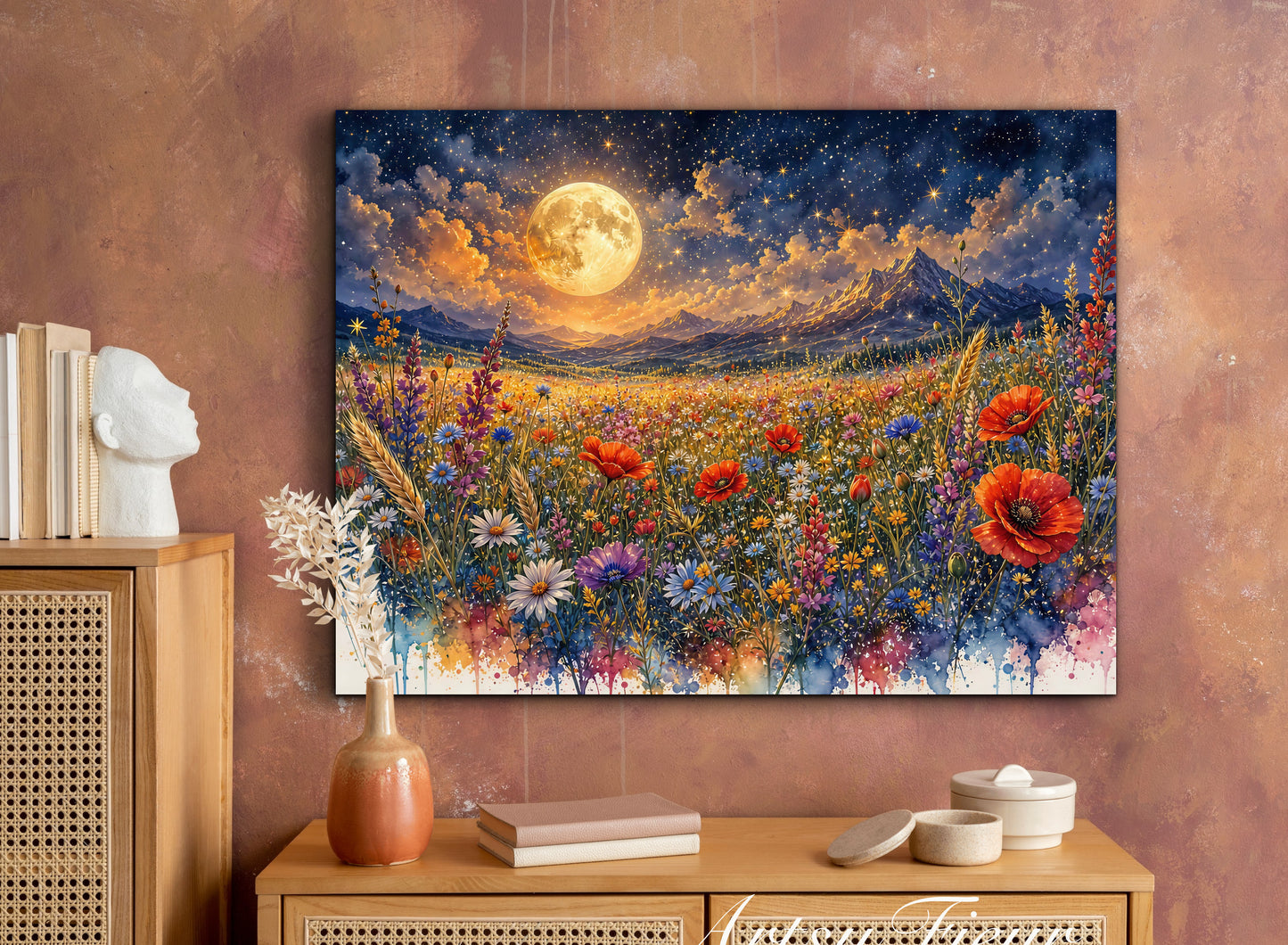 Framed Canvas Print- Vibrant Wildflowers and Poppies Oil Painting Textured Wall Art , Beautiful Original Artwork Ready to Hang Living Room, Floral
