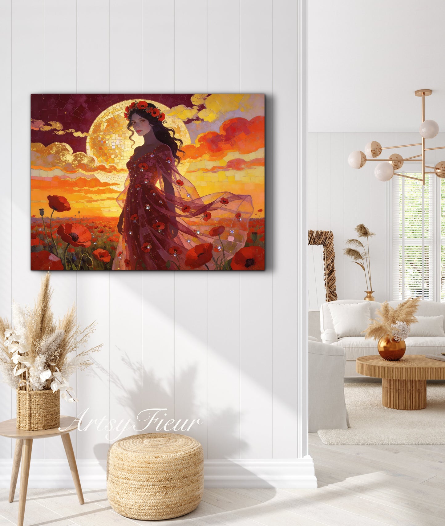 Framed Canvas - Vibrant Poppies Whimsical Full Moon Beautiful Brunette Woman in the Poppy Field, Wall Art Ready to hang Oil Painting Original Artwork Print