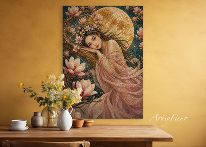 Framed canvas- Abstract Portrait Mosaic Fairy Beautiful Brunette Woman Vibrant Magnolia Flowers Fantasy Wall Art Print