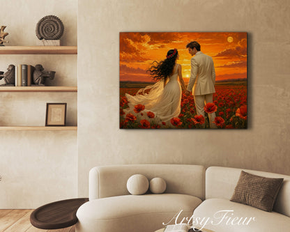 Framed canvas- whimsical full moon sunset bride and groom, wedding, poppy field, vibrant colours living room original artwork, fantasy oil painting wall art print