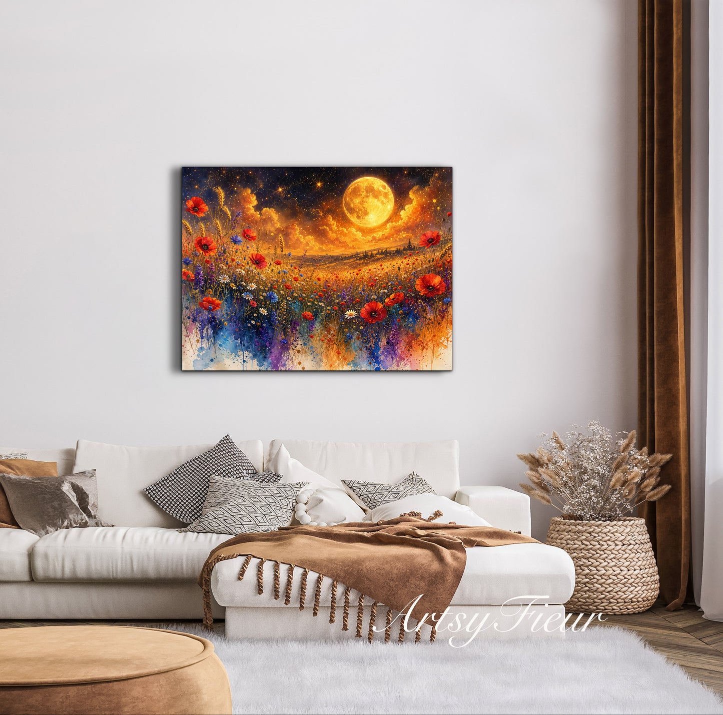 Framed Canvas Print- Vibrant Wildflowers and Poppies Oil Painting Textured Wall Art , Beautiful Original Artwork Ready to Hang Living Room, Floral