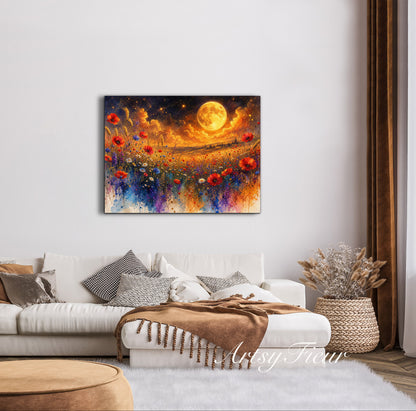 Framed Canvas Print- Vibrant Wildflowers and Poppies Oil Painting Textured Wall Art , Beautiful Original Artwork Ready to Hang Living Room, Floral