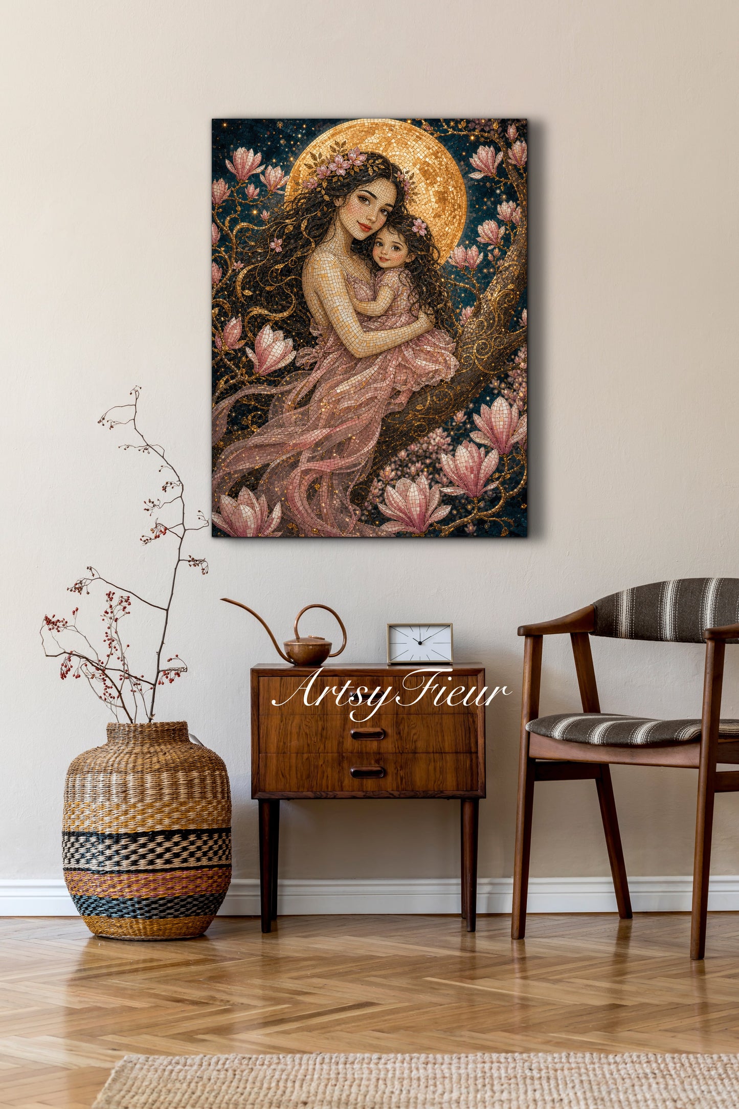 Framed canvas- Abstract Portrait Mosaic Fairy Beautiful Brunette Mother and Daughter Vibrant Magnolia Flowers Fantasy Wall Art Print