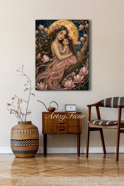 Framed canvas- Abstract Portrait Mosaic Fairy Beautiful Brunette Mother and Daughter Vibrant Magnolia Flowers Fantasy Wall Art Print