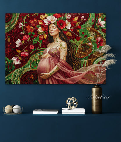 Framed Canvas- Vibrant Magnolia Flowers Beautiful Brunette Pregnant Woman’s Abstract Portrait Mosaic Original Artwork Fantasy Wall Art Print Mother Nature