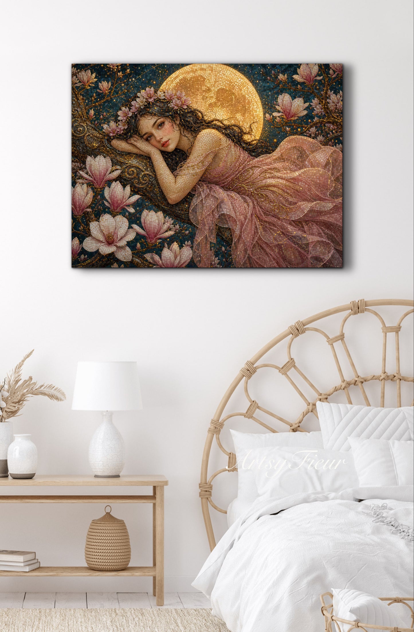 Framed Canvas- Vibrant Magnolia Flowers Beautiful Brunette Woman’s Portrait Mosaic Original Artwork Fantasy Wall Art Whimsical Full Moon