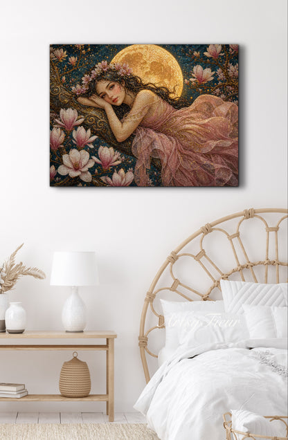 Framed Canvas- Vibrant Magnolia Flowers Beautiful Brunette Woman’s Portrait Mosaic Original Artwork Fantasy Wall Art Whimsical Full Moon