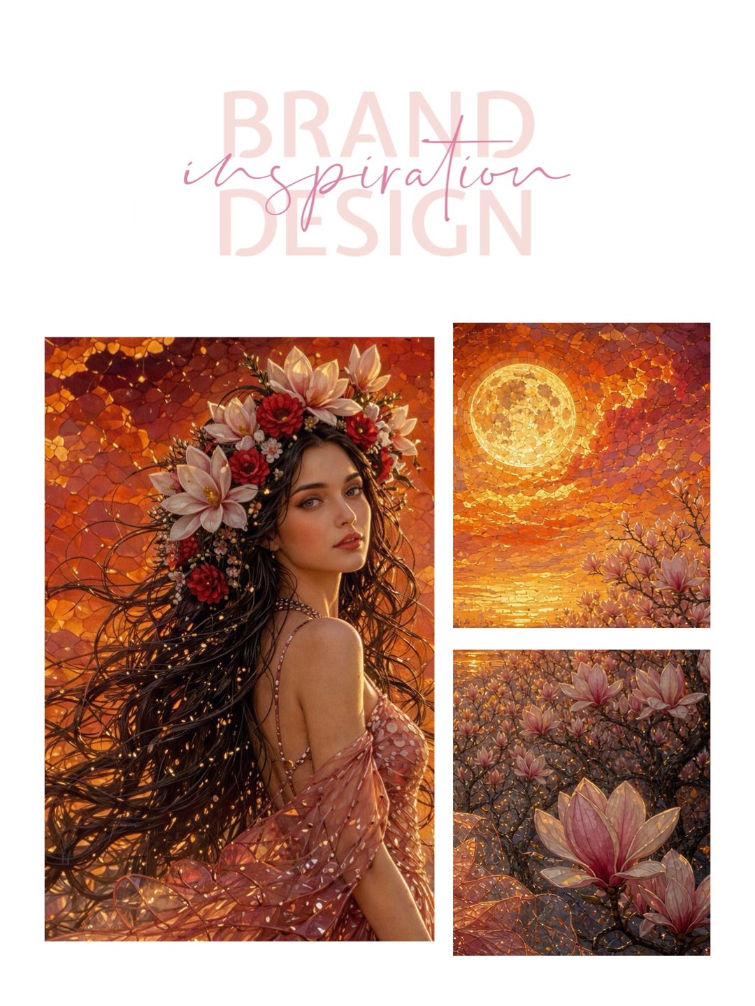 Framed Canvas- Vibrant Magnolia Flowers Beautiful Brunette Woman’s Abstract Portrait Mosaic Original Artwork Fantasy Wall Art Print