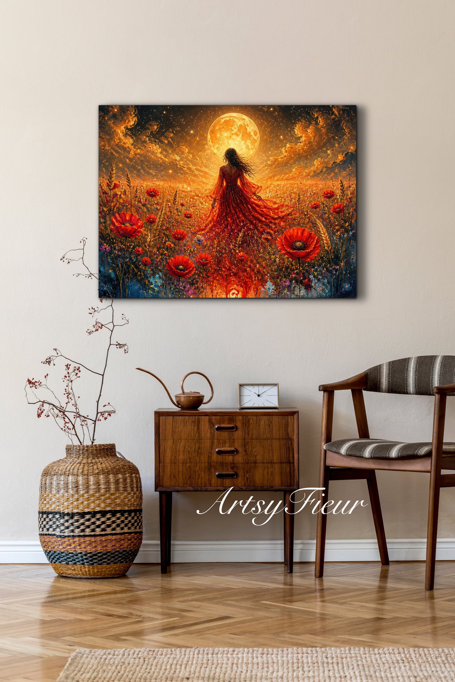 Framed Canvas - Vibrant poppies and wildflowers Whimsical Full Moon starry night sky Bride in Poppy Field, Wall Art Ready to hang original Artwork Print Red Dress