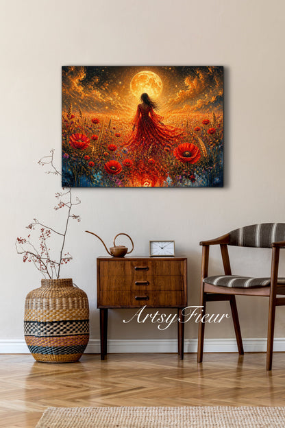 Framed Canvas - Vibrant poppies and wildflowers Whimsical Full Moon starry night sky Bride in Poppy Field, Wall Art Ready to hang original Artwork Print Red Dress