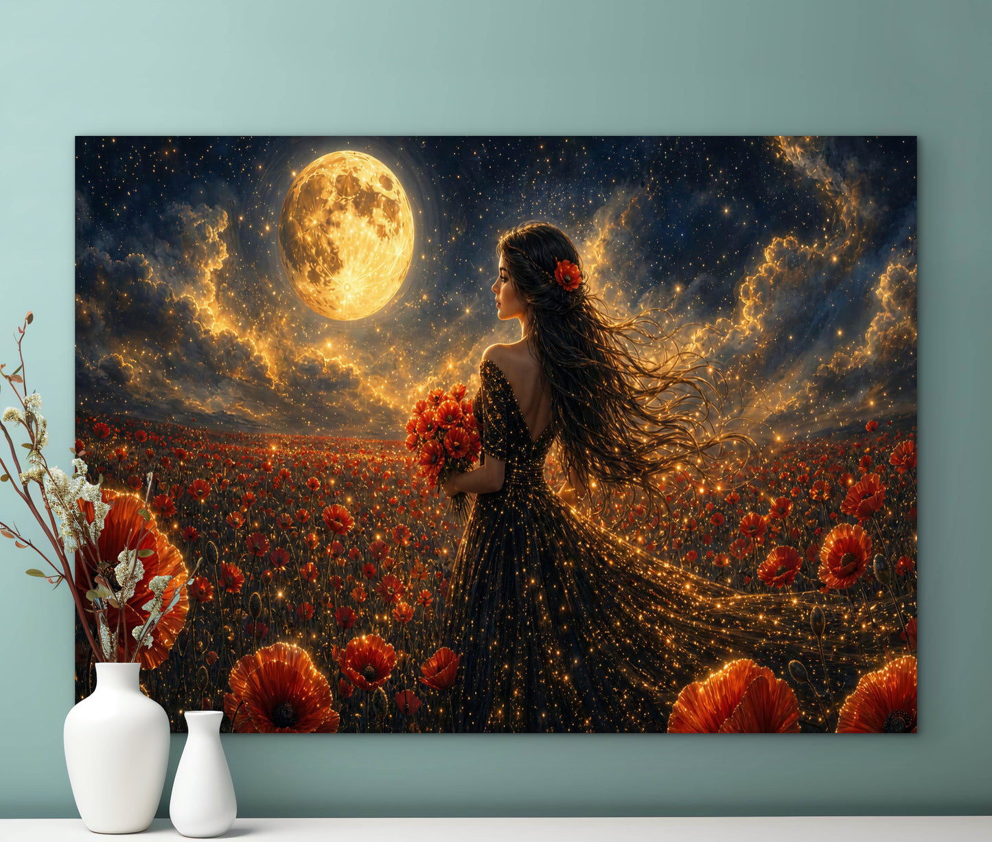 Framed Canvas - Vibrant Poppies Whimsical Full Moon Bride in Poppy Field, Wall Art Ready to hang Oil Painting Original Artwork Print Black Wedding Dress