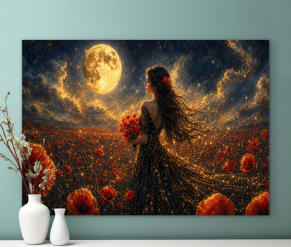 Framed Canvas - Vibrant Poppies Whimsical Full Moon Bride in Poppy Field, Wall Art Ready to hang Oil Painting Original Artwork Print Black Wedding Dress