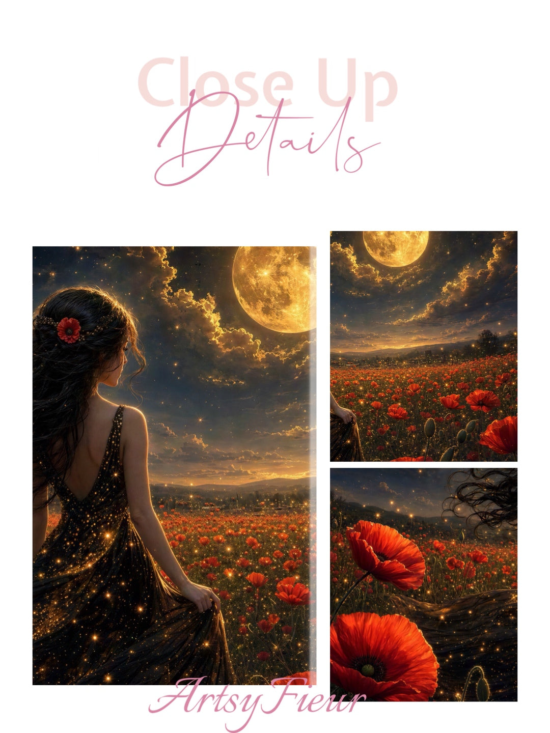 Framed Canvas - Vibrant Poppies Whimsical Full Moon Bride in Poppy Field, Wall Art Ready to hang Oil Painting Original Artwork Print Black Wedding Dress