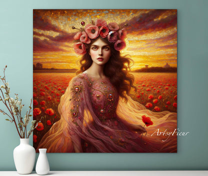 Framed canvas- Original Artwork Vibrant Poppies watercolour floral painting beautiful brunette woman ready to hang wall art print, abstract portrait