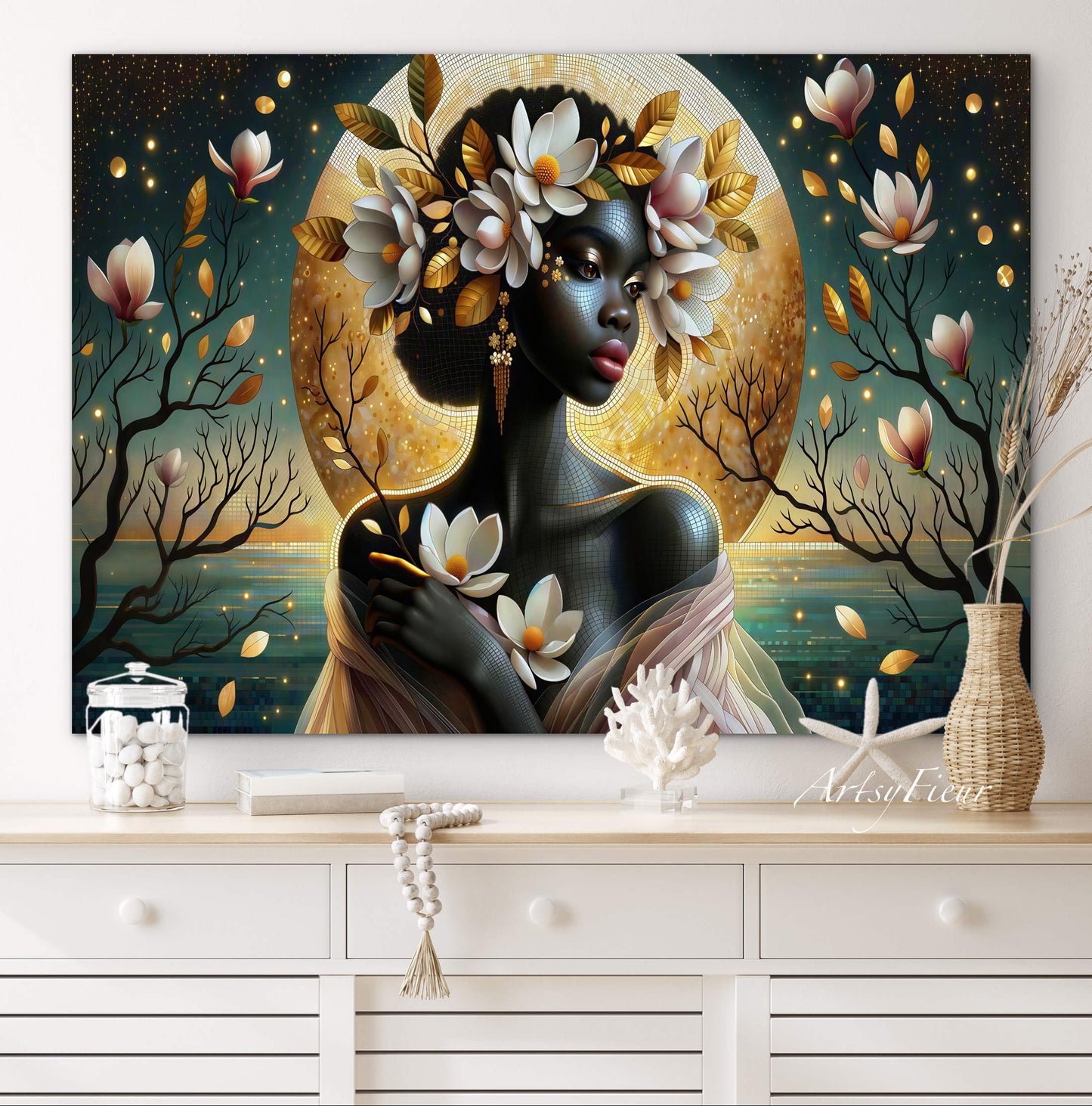 Framed Canvas- Vibrant Magnolia Flowers Beautiful Black Woman’s Abstract Portrait Mosaic Original Artwork Fantasy Wall Art Print