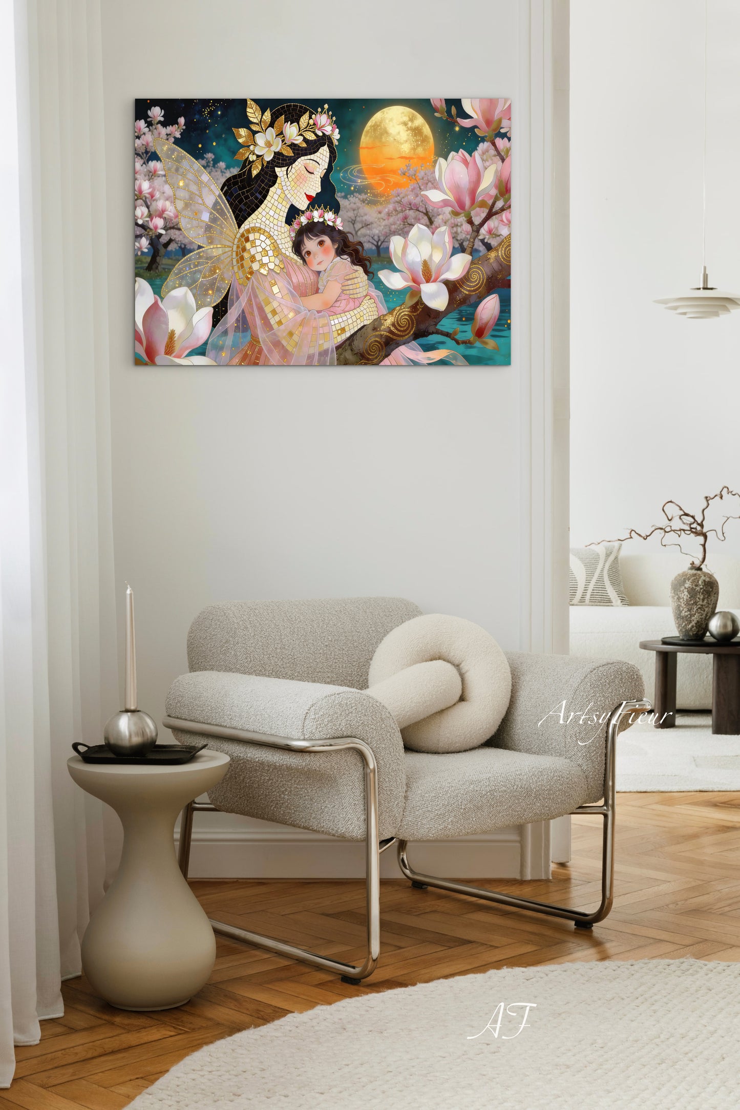 Framed Canvas- Vibrant Magnolia Flowers Mother and Daughter Portrait Original ArtworkFantasy Wall Art