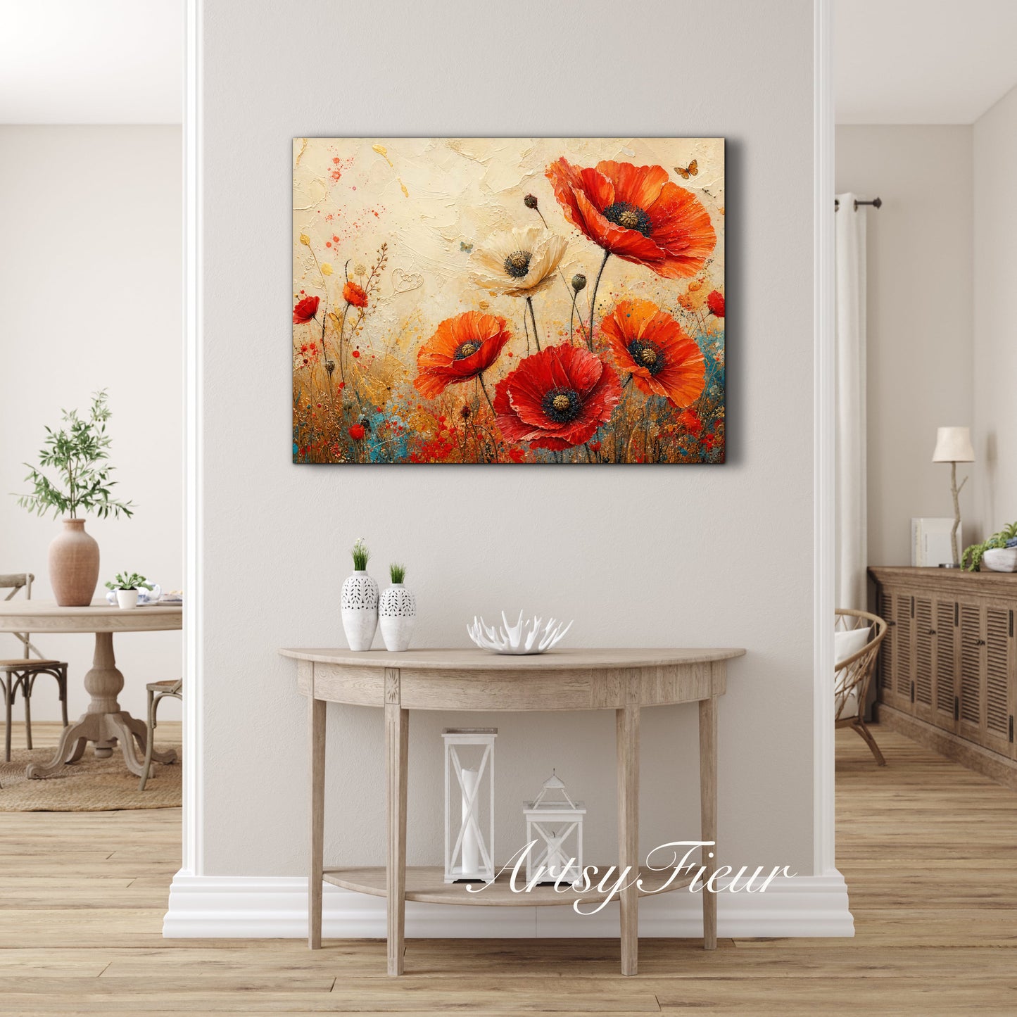 Framed Canvas- Beautiful Vibrant Poppies Abstract Oil Painting Floral Canvas Print Colourful Living Room Wall Art