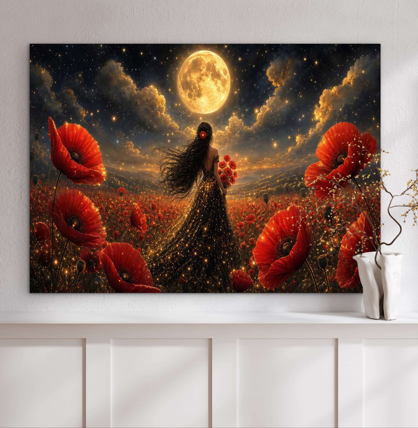 Framed Canvas - Vibrant Poppies Whimsical Full Moon Bride in Poppy Field, Wall Art Ready to hang Oil Painting Original Artwork Print Black Wedding Dress