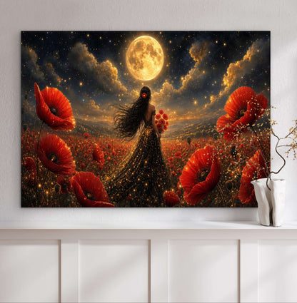 Framed Canvas - Vibrant Poppies Whimsical Full Moon Bride in Poppy Field, Wall Art Ready to hang Oil Painting Original Artwork Print Black Wedding Dress