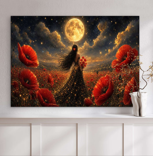 Framed Canvas - Vibrant Poppies Whimsical Full Moon Bride in Poppy Field, Wall Art Ready to hang Oil Painting Original Artwork Print Black Wedding Dress